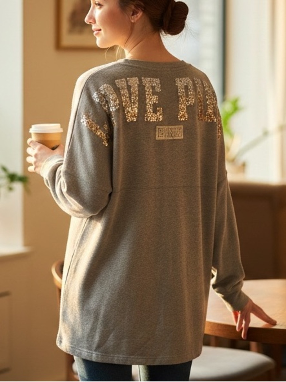 Victoria's Secret PINK Sequin Bling Varsity Crew Sweatshirt Oversized Gray L